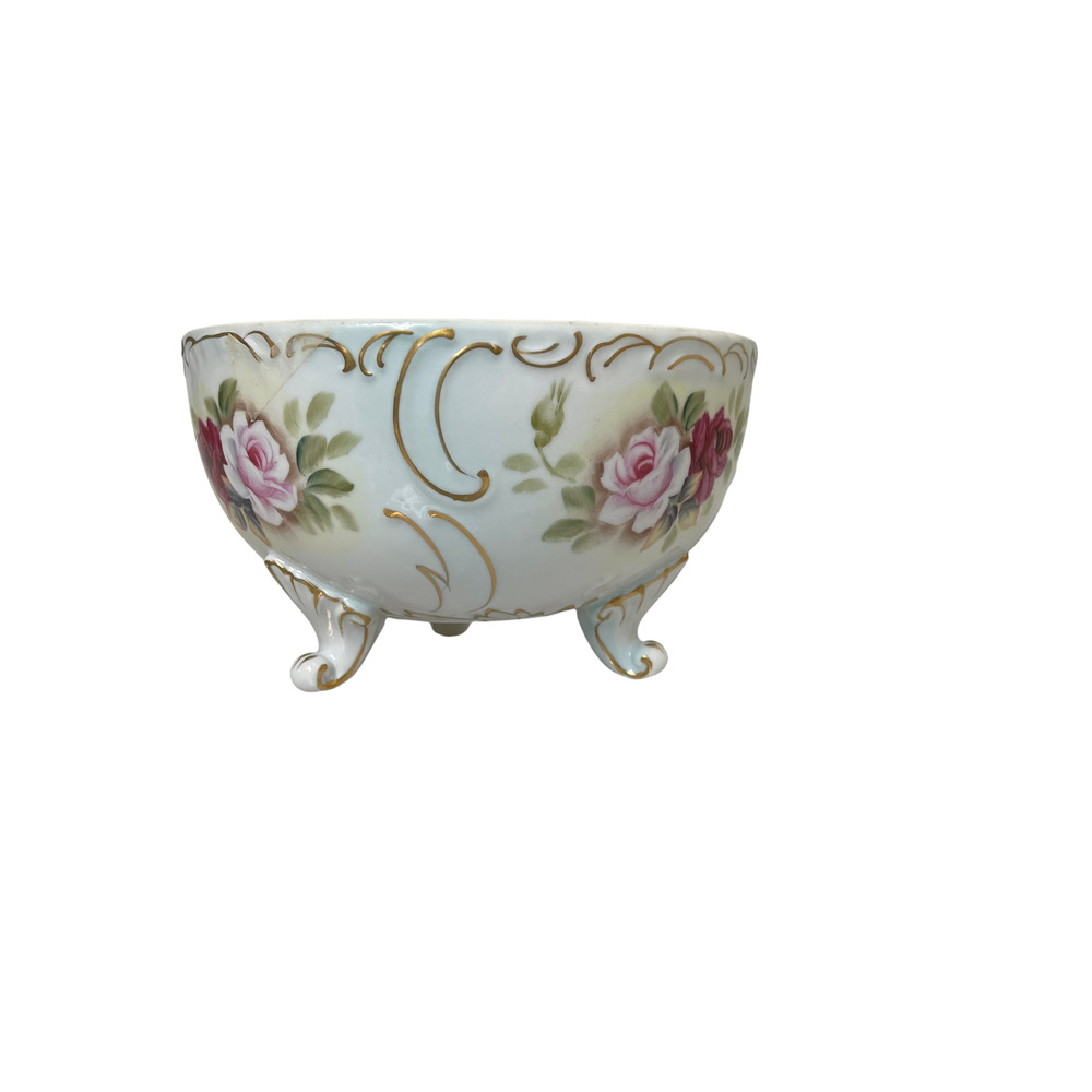 Vtg. Hand Painted Candy Dish On Legs 4" Tall X 6" Opening With Roses Gold Trim - Picture 2 of 8